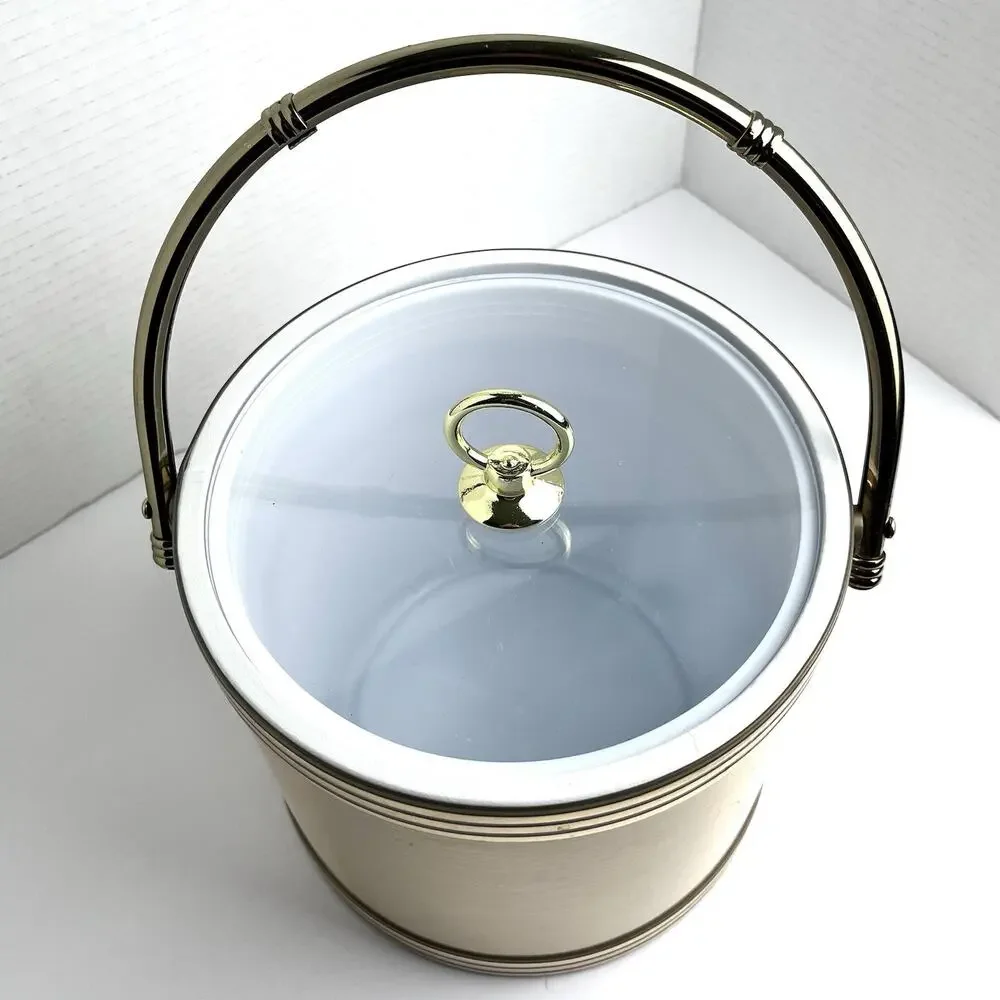 VTG Shelton Designs Brushed Gold Insulated Ice Bucket Metal Handle Lucite Lid US